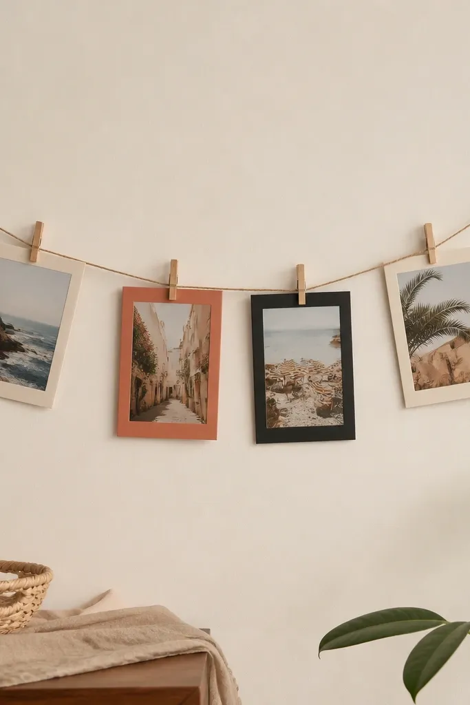 A string garland made from twisted cotton cord stretched between two small removable adhesive hooks on a cream wall. Several mini clothespins hold 4x6 photos with a mix of cream, terracotta, and black frames. The cord has slight slack, giving it a casual, lived-in look.