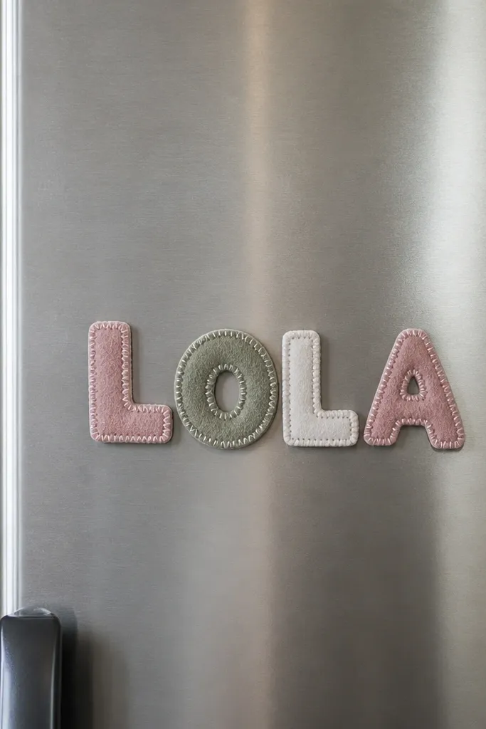 A set of small hand-cut letter magnets arranged on a stainless fridge. Letters are made from felt in dusty rose, sage, and cream, each backed with a thin metal sheet and a neat zigzag stitch border. The magnets spell a short nickname in a clean, centered line.