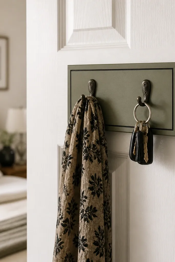 A small board mounted with removable adhesive squares on the inside of a bedroom door. Two metal cup hooks are screwed into the board. A scarf is draped over one hook and a key ring hangs from the other. The board is painted soft olive with a simple black border.
