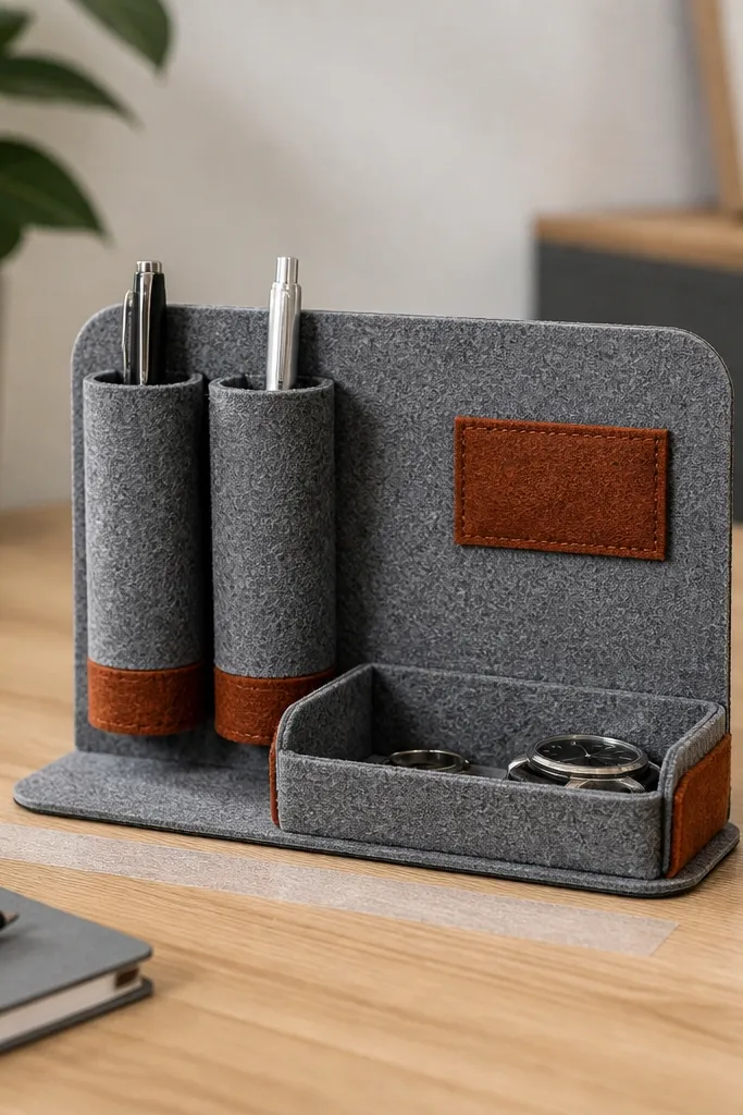 A felt organizer sitting on a desk: two pen sleeves on one side and a small tray in front. The base has a strip of soft Velcro that sticks to a matching strip on the desk surface (shown lightly). Colors are heather gray with rust accents and a stitched label area.