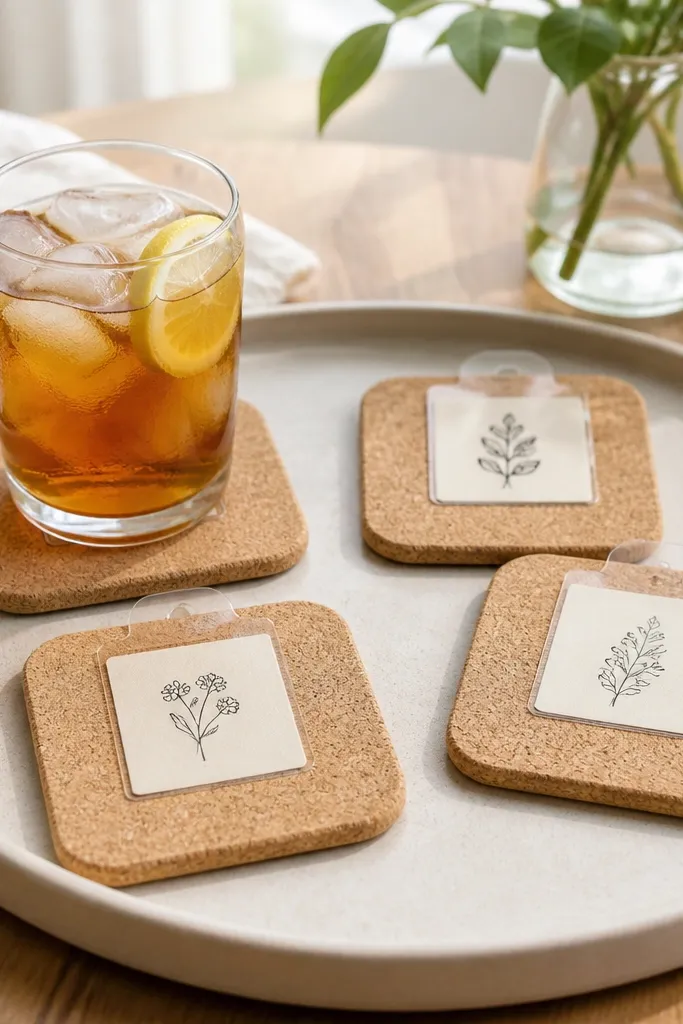 Four cork coasters with rounded edges, each topped with a removable label tab made from clear vinyl and a small printed card. The cards have handwritten-style typography in black ink. The coasters sit on a tray with a glass of iced tea.