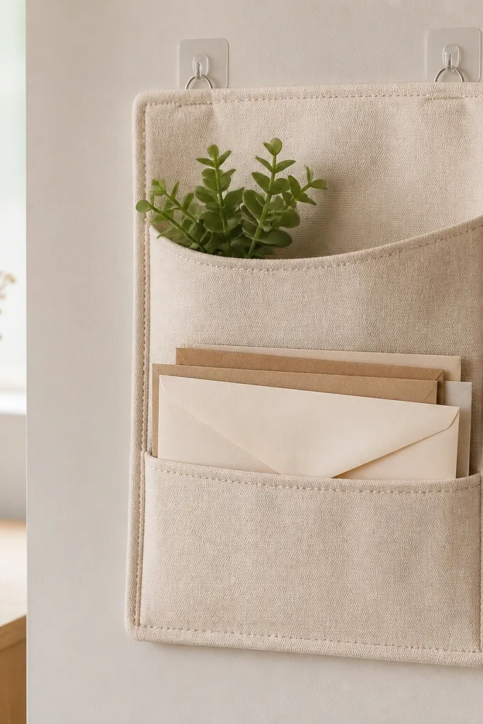 A fabric wall pocket hung with removable adhesive strips on a wall. The pocket is made from medium-weight canvas in cream with a stitched border and a small pocket inside. A tiny faux plant sits inside, and a few envelopes are tucked in the lower section.