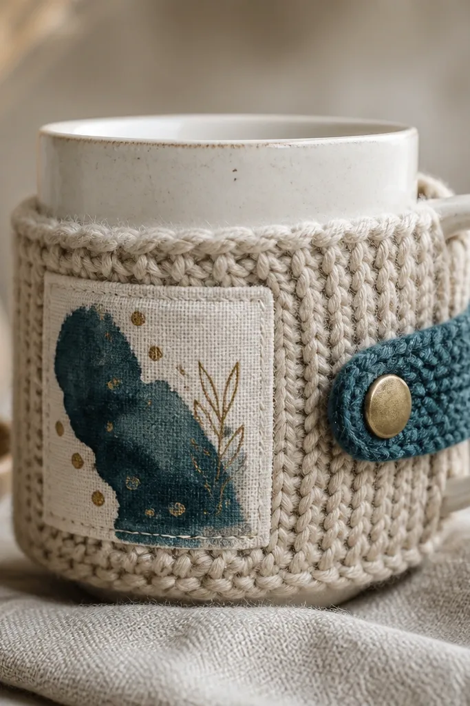 A knitted mug cozy sleeve wrapped around a ceramic mug. The cozy has a hand-painted pattern on a fabric patch near the side. A small snap closure keeps it snug. Colors are oatmeal with a deep teal accent and thin gold paint dots.