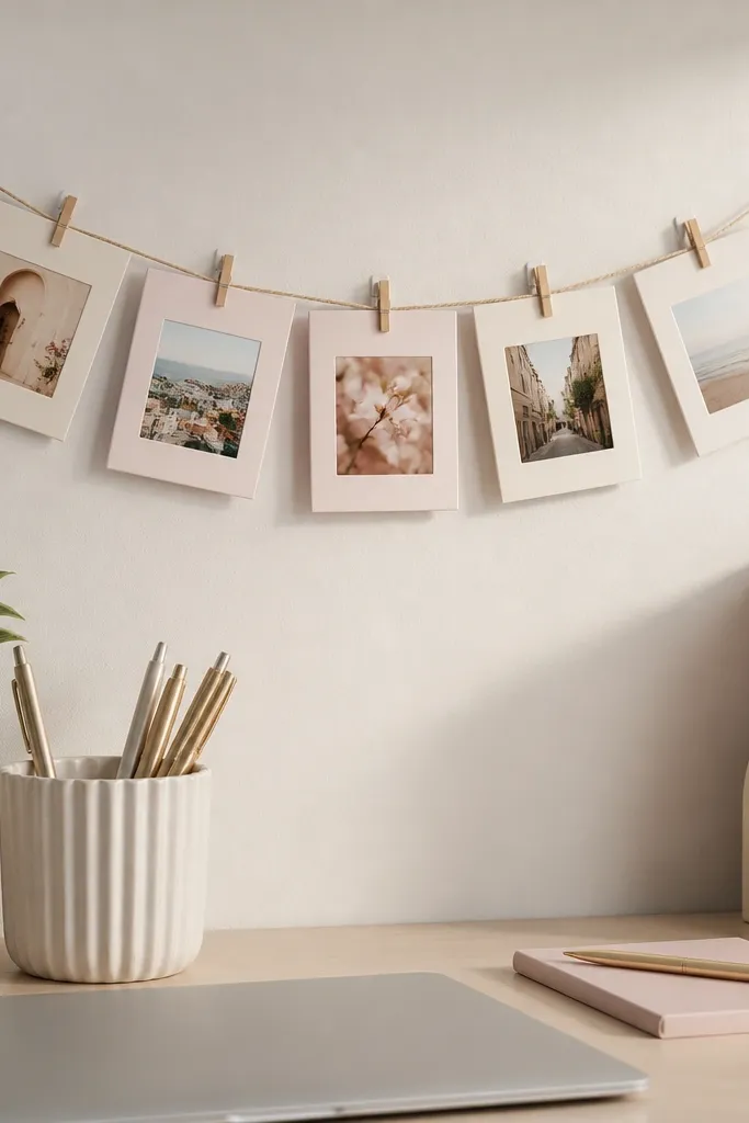 A small desk garland made from mini picture frame mats clipped to a string. The mats are cut from thick paper in cream and blush, each with a photo window. The string is tied between two adhesive-backed command strips.