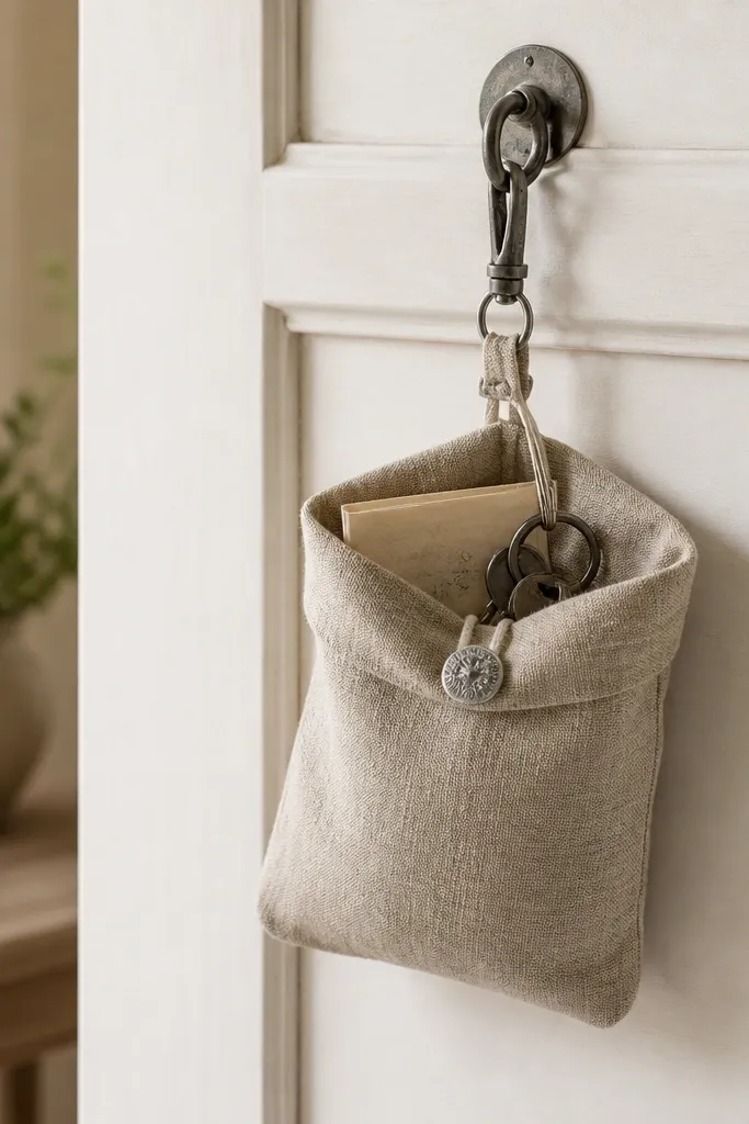 A small linen pouch in natural beige with a simple button loop closure. A metal button and a loop hold it shut. The pouch hangs from a removable hook on a door. A key ring and a folded note are tucked inside.