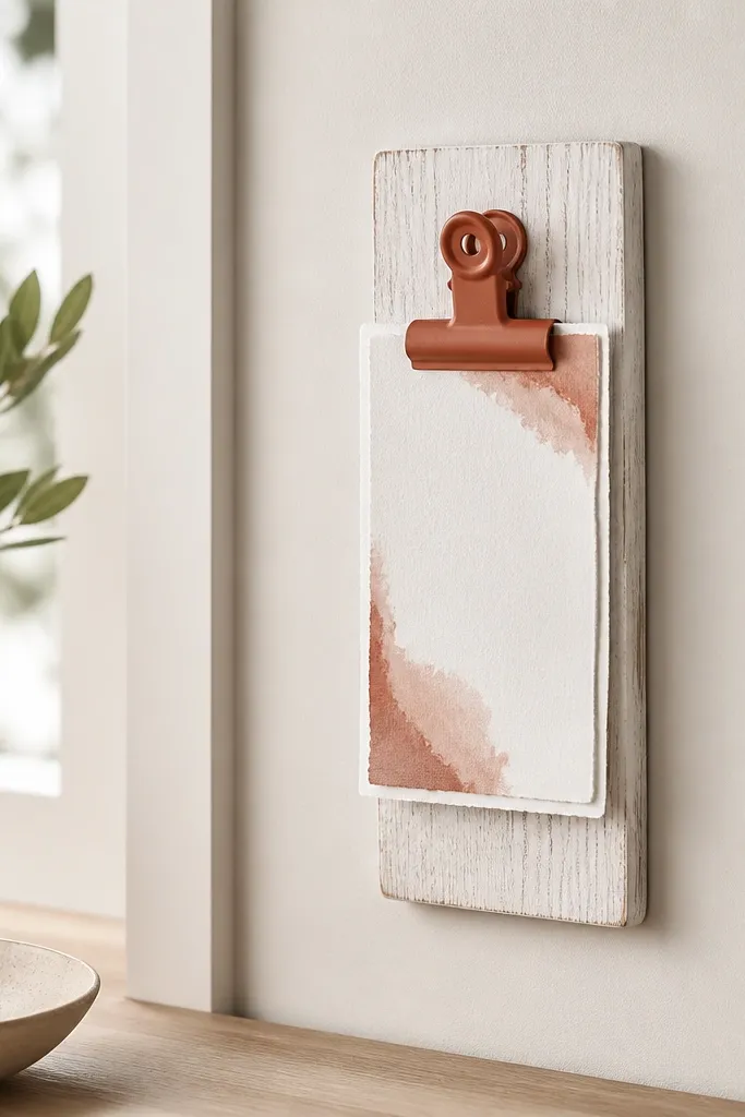 A mini clipboard-style note holder mounted on a wall with removable adhesive pads. The base is a thin wood strip with a small clip at the top. Notes with watercolor borders are clipped on. Colors are whitewashed wood with terracotta clip accents.