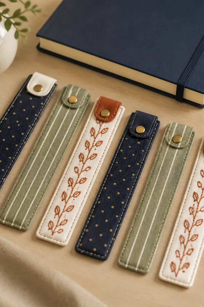 A set of six handmade bookmarks made from fabric strips with stitched edges. Each has a small magnetic clasp at the top. The fabrics are coordinated: navy with gold dots, sage with white stripes, and cream with rust embroidery. The bookmarks are laid on a desk with a closed planner.