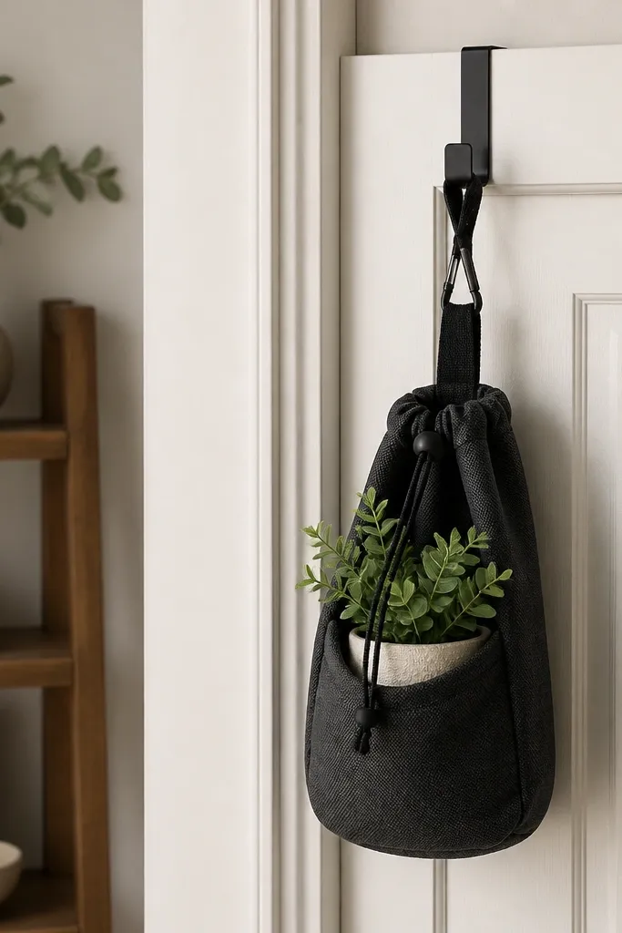 A hanging fabric planter sleeve made from thick cotton canvas in charcoal with a drawstring. It hangs from a removable over-door hook. Inside is a small faux plant in a textured pot. The top has a clip and drawstring, keeping the plant secure.