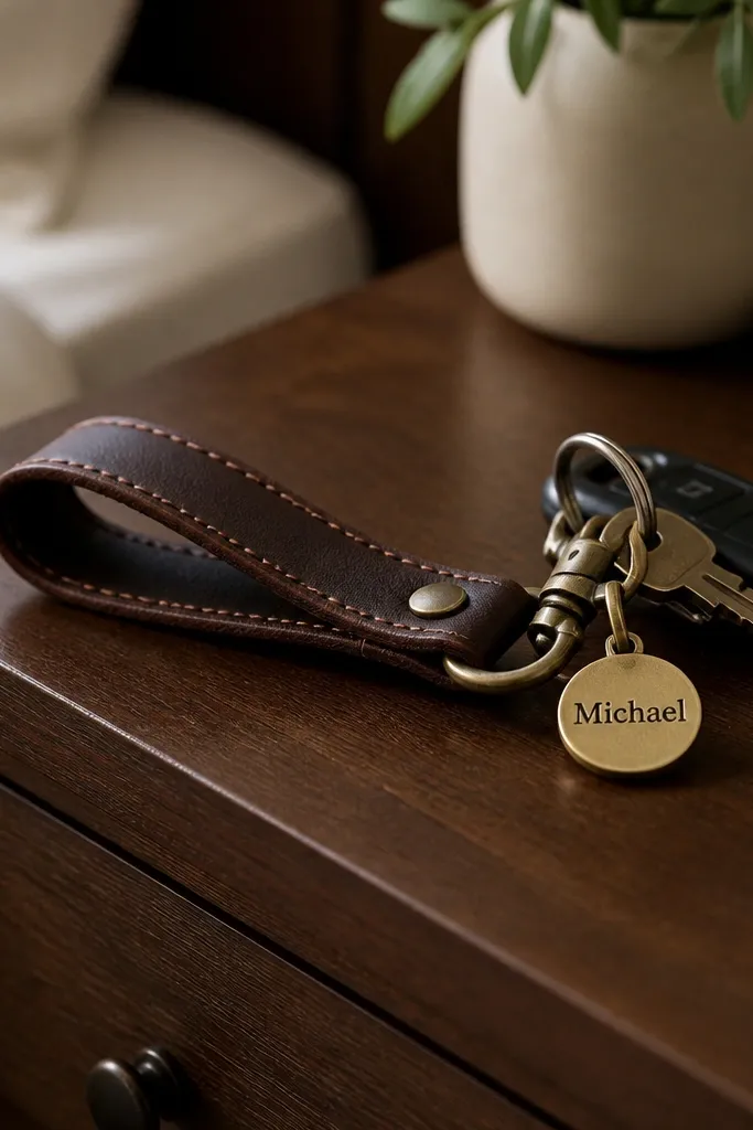 A leather-look keychain strap in dark brown with a stitched edge and a removable metal charm tag. The tag has a small engraved-style printed name. The keychain is photographed on a bedside table with keys.