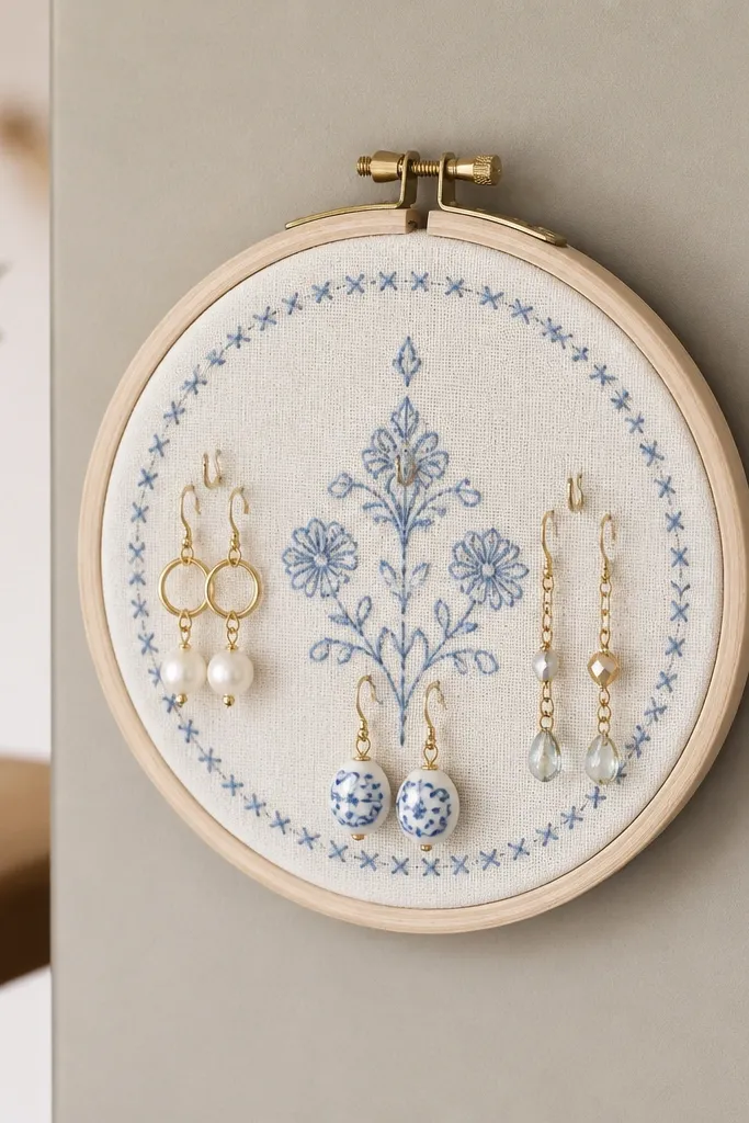 A small embroidery hoop turned into a trinket display. The back has a magnetic sheet so it sticks to a metal surface. Inside the hoop, a fabric background holds tiny hooks and a few hanging earrings. Colors are off-white fabric with a soft blue stitched pattern.