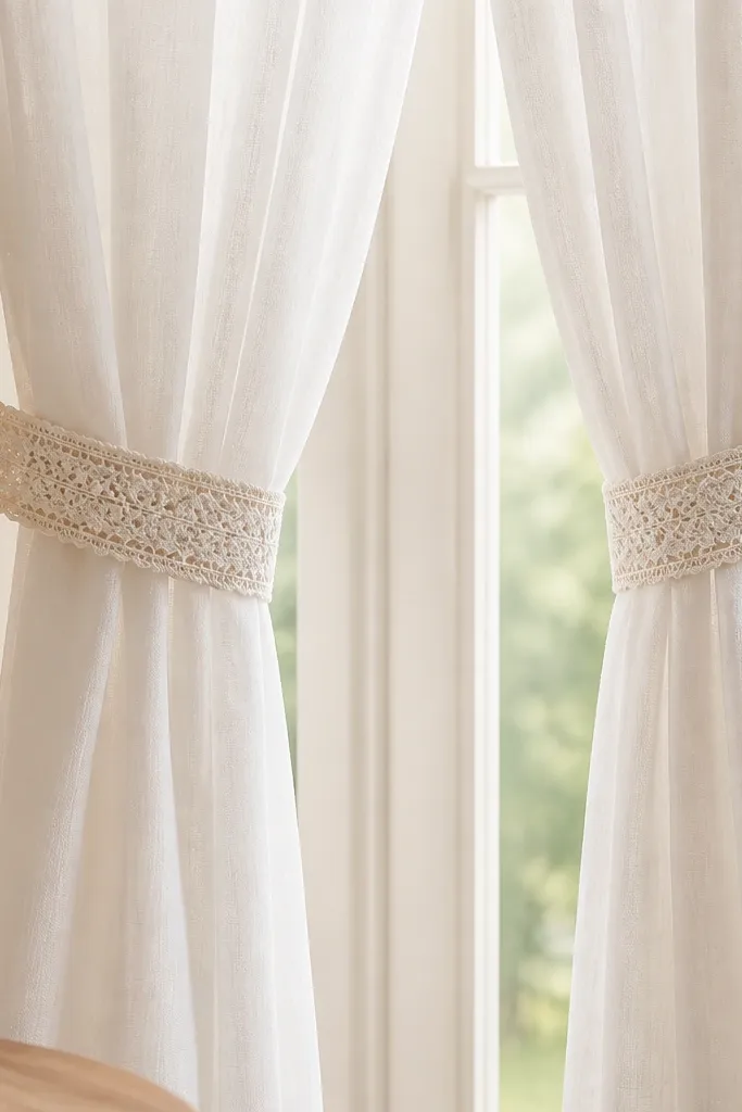 Two lace curtain tiebacks made from cream lace ribbon with satin backing. Each has a small snap at the ends and a loop that attaches to a removable adhesive hook. The photo shows them holding sheer curtains gathered neatly.