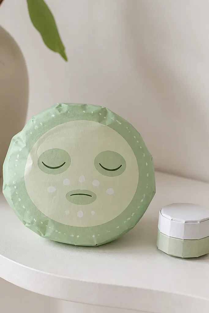 A round, mint-green paper squishy shaped like a cucumber face mask, with a pale oval "mask" highlight and tiny white paper dots. It sits on a white shelf beside a small mini jar made from paper.