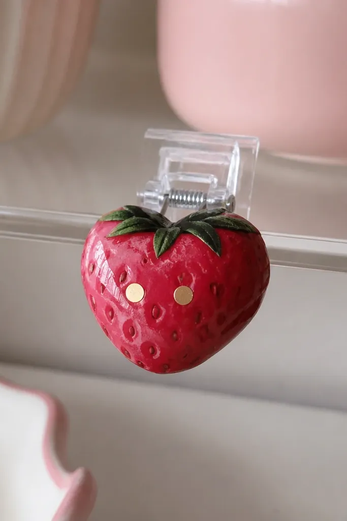 A small heart-shaped strawberry squishy with glossy red paper tape highlights, clipped to a clear acrylic shelf edge. It has two tiny gold dots like sticker shine.