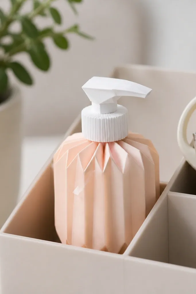 A mini peach-colored pump bottle squishy made from folded accordion paper, with a white cap and a small clear tape highlight. It sits upright in a desk organizer.