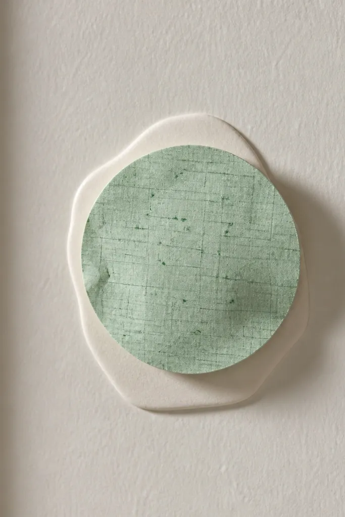 A round, mint-green paper squishy patch with tiny darker green specks and a faint grid pattern. It sits on a sheet of removable poster putty on a painted wall.