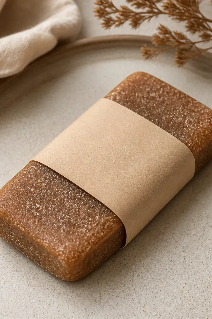 A rectangular squishy bar in warm brown paper with lighter "sugar" speckles and rounded edges. It's wrapped in a paper sleeve like a candy bar.