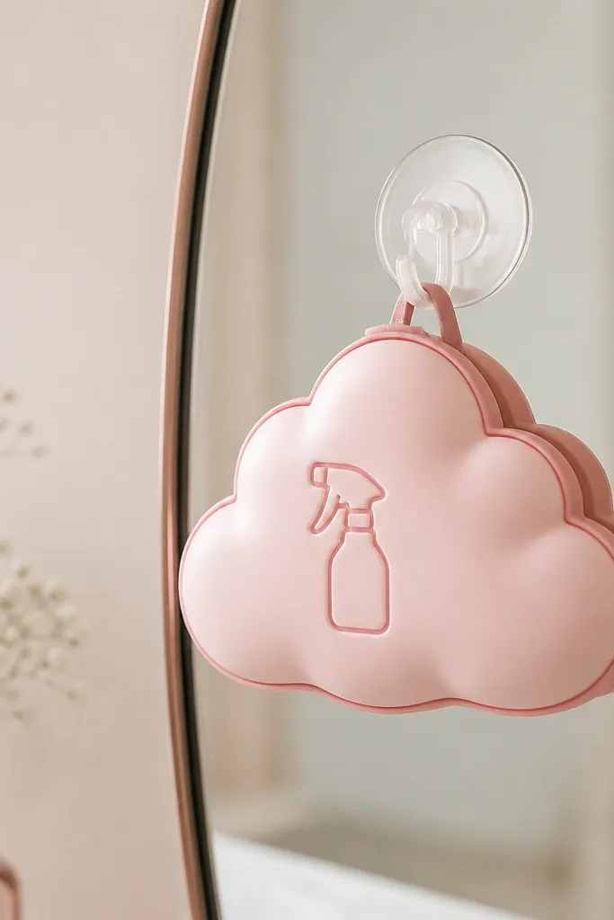 A soft cloud-shaped squishy with a small spray bottle silhouette on the front, colored pale pink with darker rose outlines. It's attached to a suction cup hook on a mirror edge.