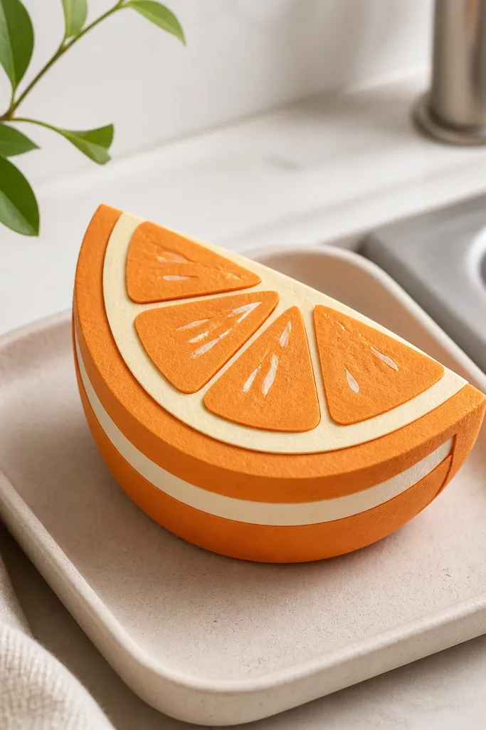 A wedge-shaped orange paper squishy with layered peel rings in bright orange and pale cream, plus tiny paper "segments." It sits in a sink-side tray.