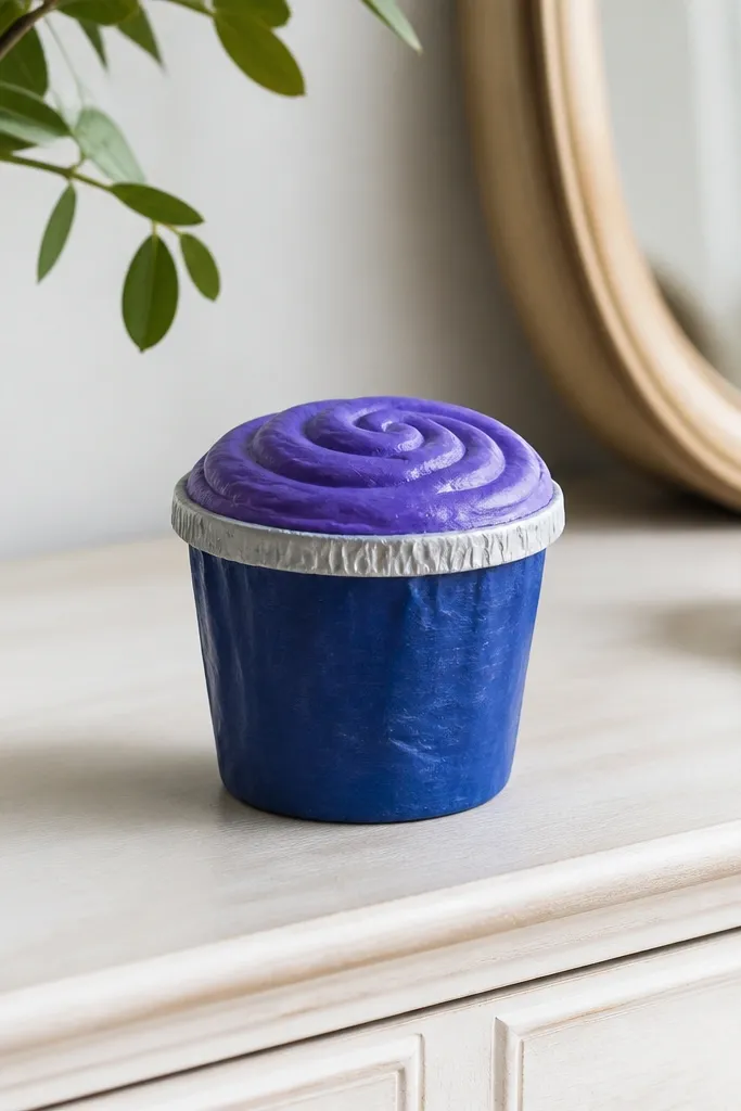 A small paper cup squishy painted deep blue with a lighter purple swirl on top. It has a paper "foil" rim and sits on a dresser.
