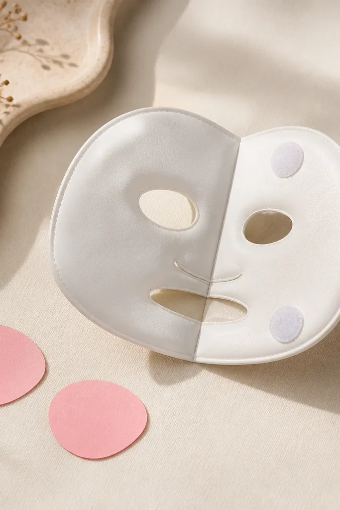 A white sheet-mask shaped squishy with two small Velcro dots on the back, shown open slightly like a book. Pink paper cheeks are attached nearby.