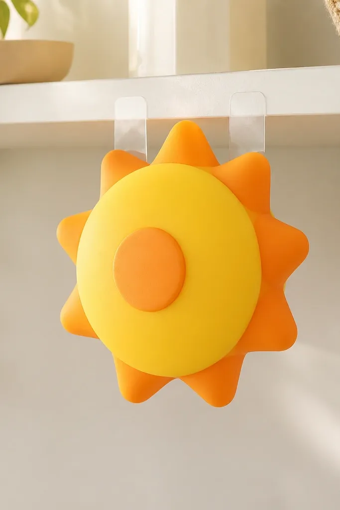 A yellow sun-shaped squishy with orange rays and a small circular center that looks like an SPF label. It hangs from a shelf using removable putty tabs.
