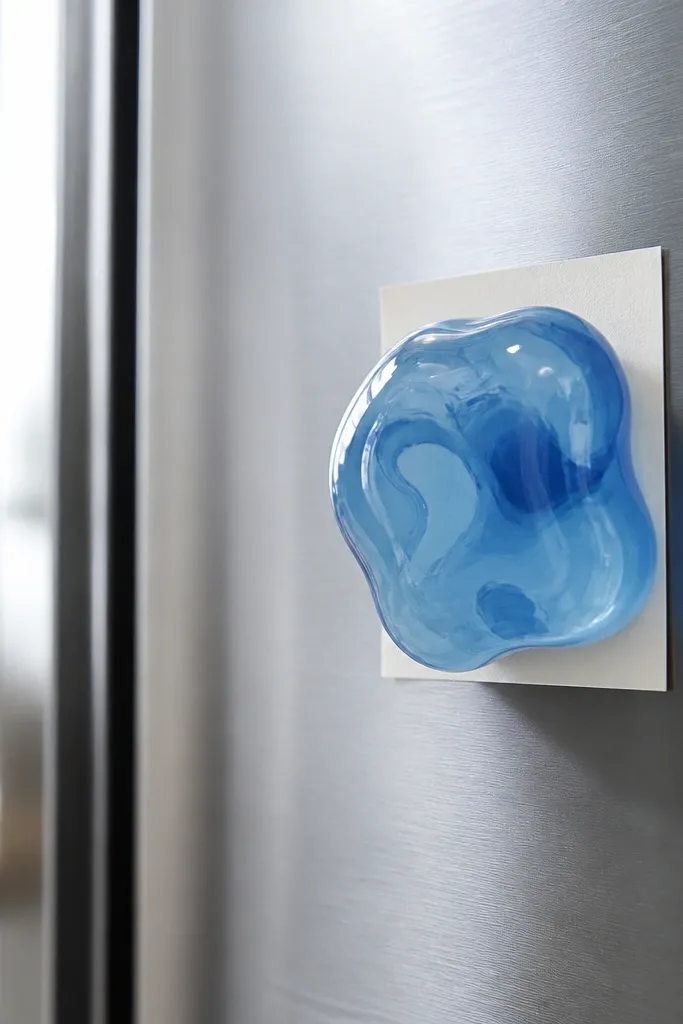 A glossy-looking translucent blue blob squishy with darker blue swirls, attached to a metal fridge with a small magnet hidden under the base paper.