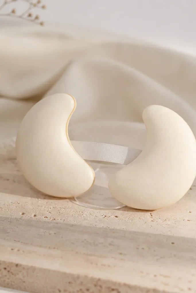 A pair of crescent-shaped cream squishies connected by a thin paper band, colored off-white and light beige. They sit together like eye patches on a small stand.