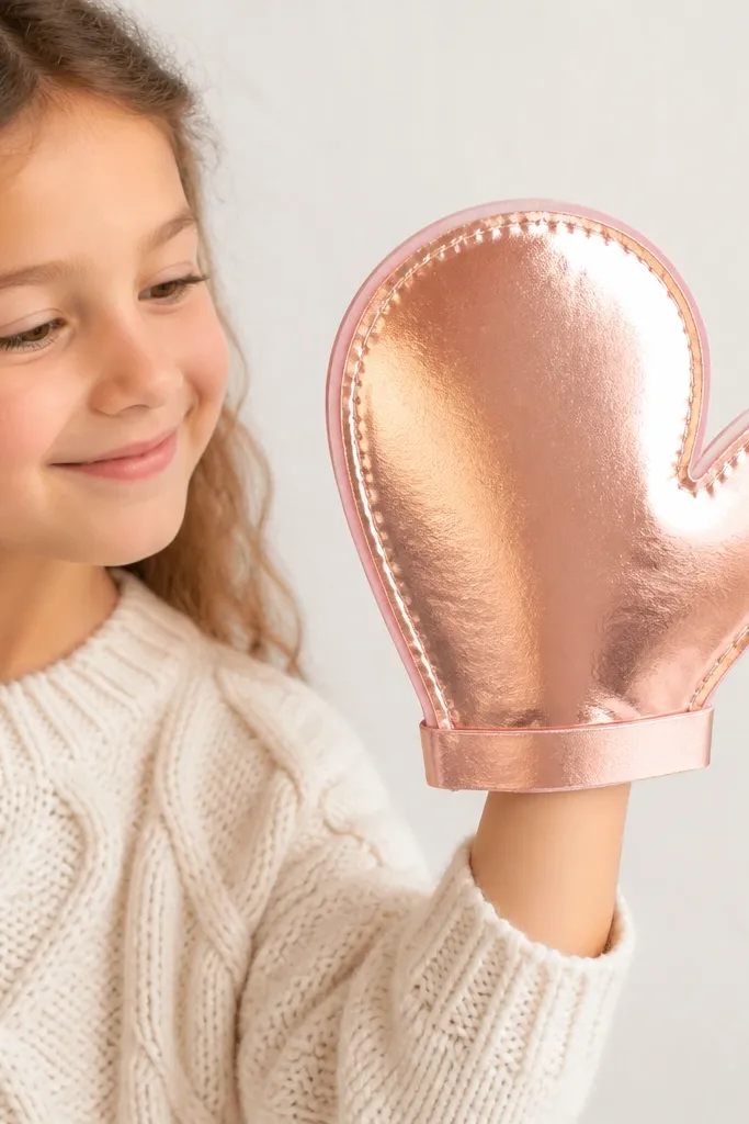 A mitten-shaped paper squishy in rose-gold metallic cardstock with a soft pink inner tissue layer. It's worn like a prop on a child's hand, held open by a paper strap.