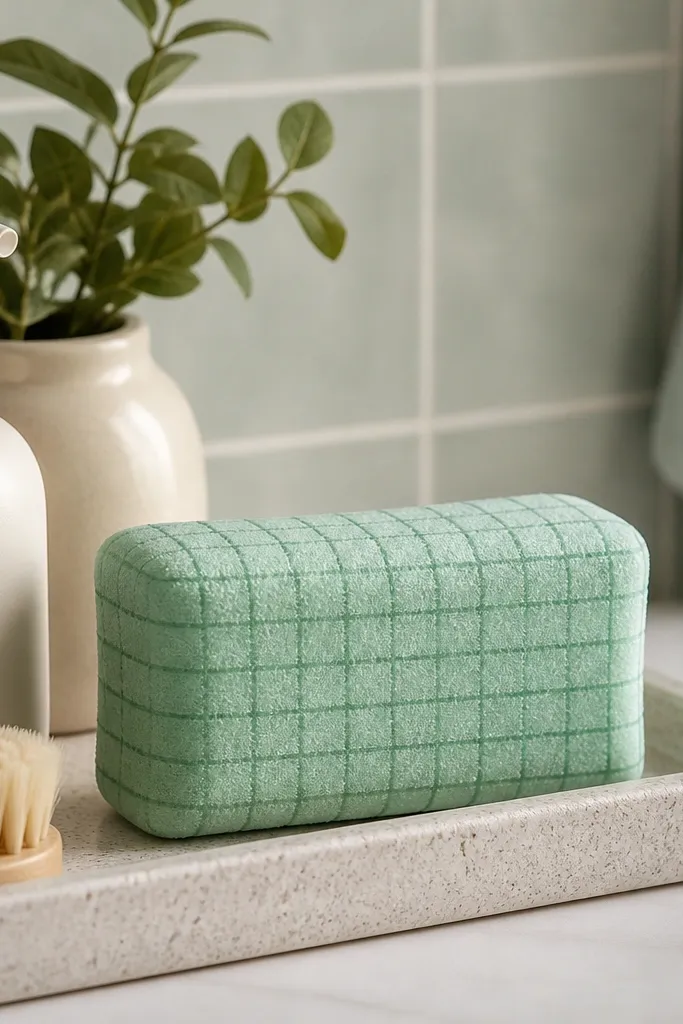 A mint rectangular squishy shaped like a sponge, with small darker mint grid squares drawn across the face. It sits on a bathroom counter tray.