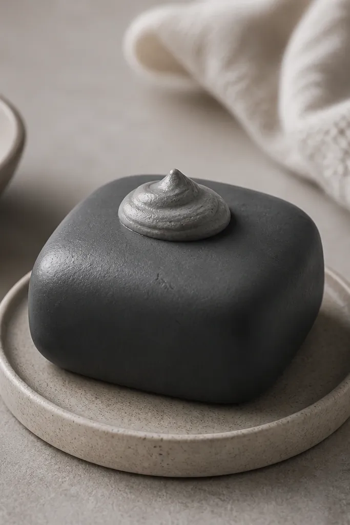 A dark gray charcoal mask squishy shaped like a rounded square with a matte look. A small lighter gray swirl sits on top like clay mixing.