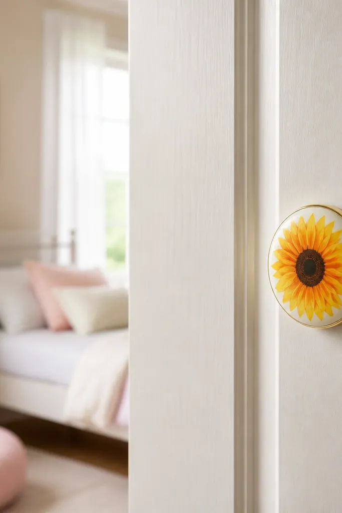 A small circular squishy with sunflower petals drawn in yellow and orange, plus a gold rim made from metallic tape. It's attached to a child's bedroom door with removable putty.