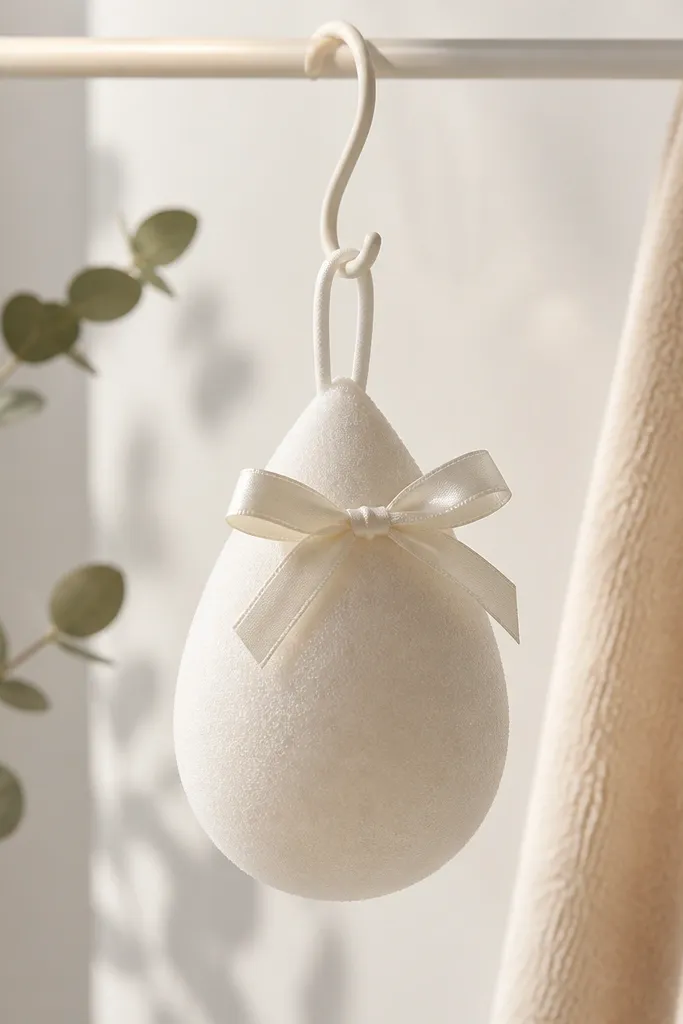 A teardrop-shaped white pearl cleanser squishy with a tiny bow made from satin ribbon attached near the top. It hangs from a removable hook.