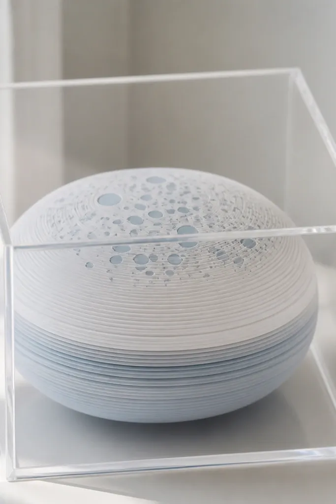 A round squishy made of stacked paper rings in white and pale blue, with tiny bubble dots drawn across the top. It sits in a clear acrylic box.