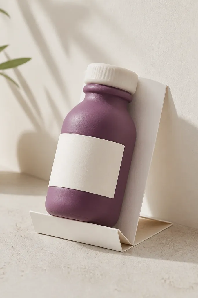 A small berry-purple toner bottle squishy with a white label strip and a tiny cap. It's propped against a wall using a shelf stand made from folded paper.