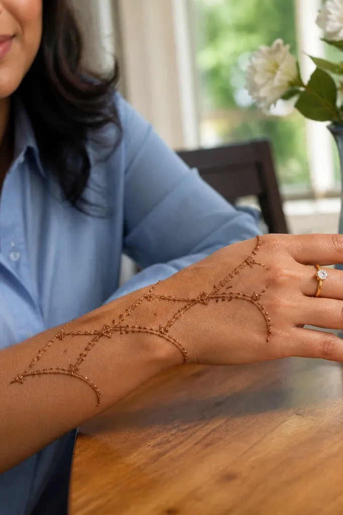 Thin chain arcs from wrist to finger bases with small dots in between