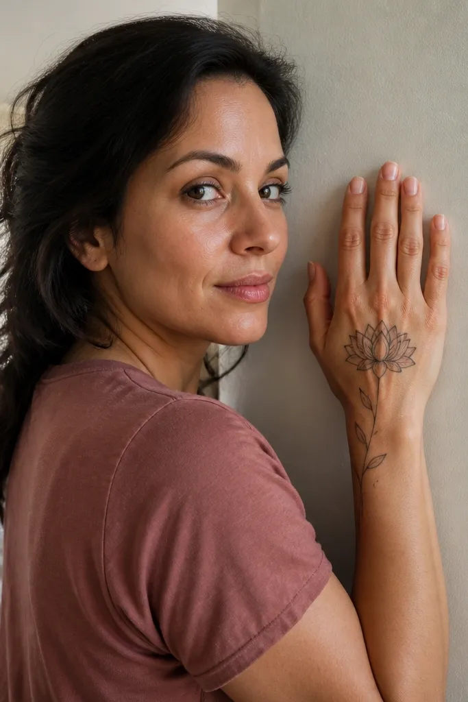 A small lotus bloom at center with one branch spreading toward wrist