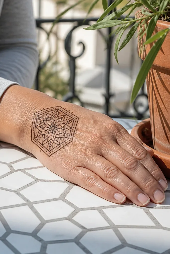 A small hexagon in the center with a thin border and tiny dots