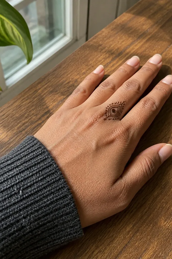 A small peacock feather motif near the finger base with dot details