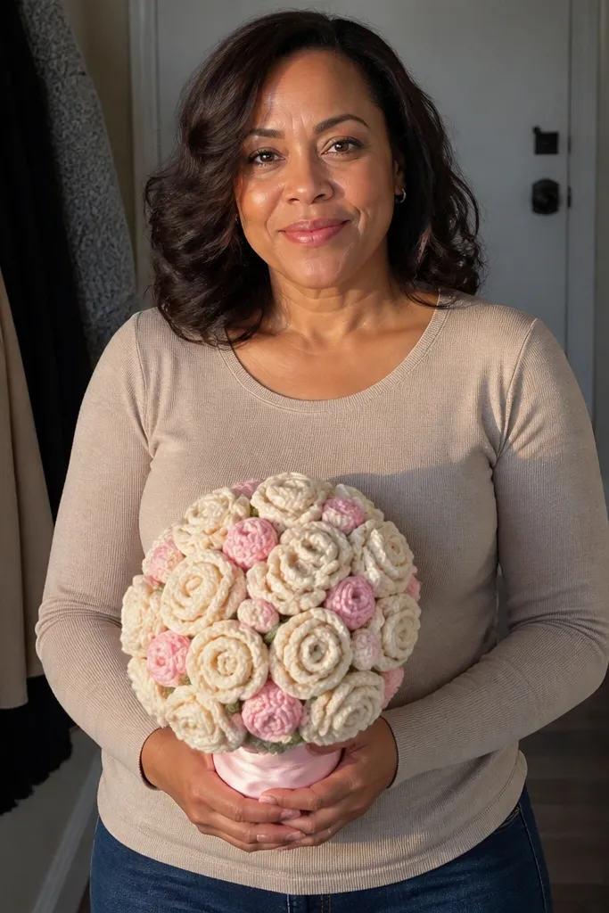 Cream and soft pink crocheted rose bouquet in a round cluster