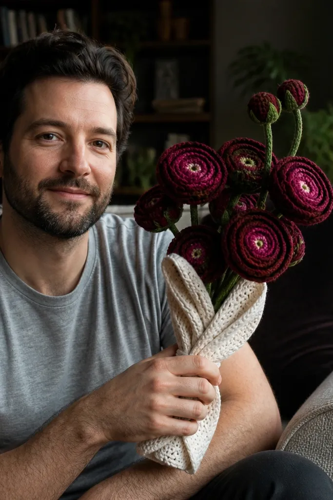 Deep berry crocheted ranunculus bouquet with gathered stem look
