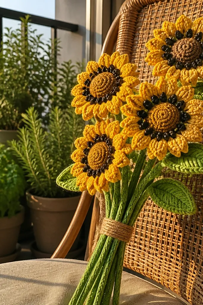 Mustard and yellow sunflower crocheted bouquet with dark centers