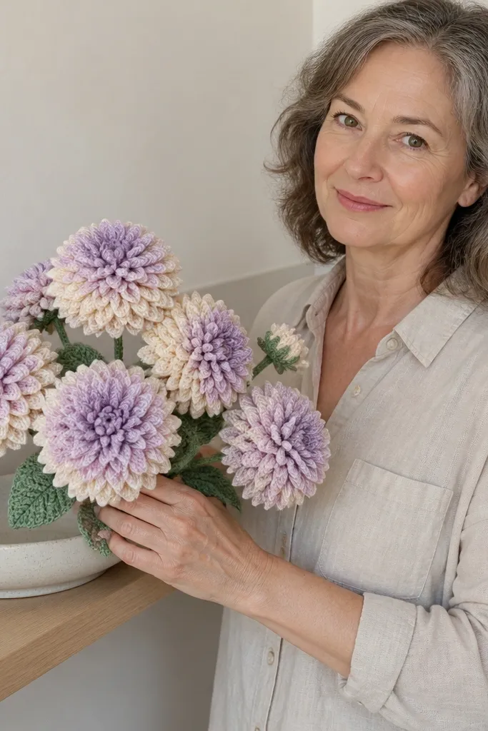 Pastel dahlia crocheted flowers in a grouped bouquet