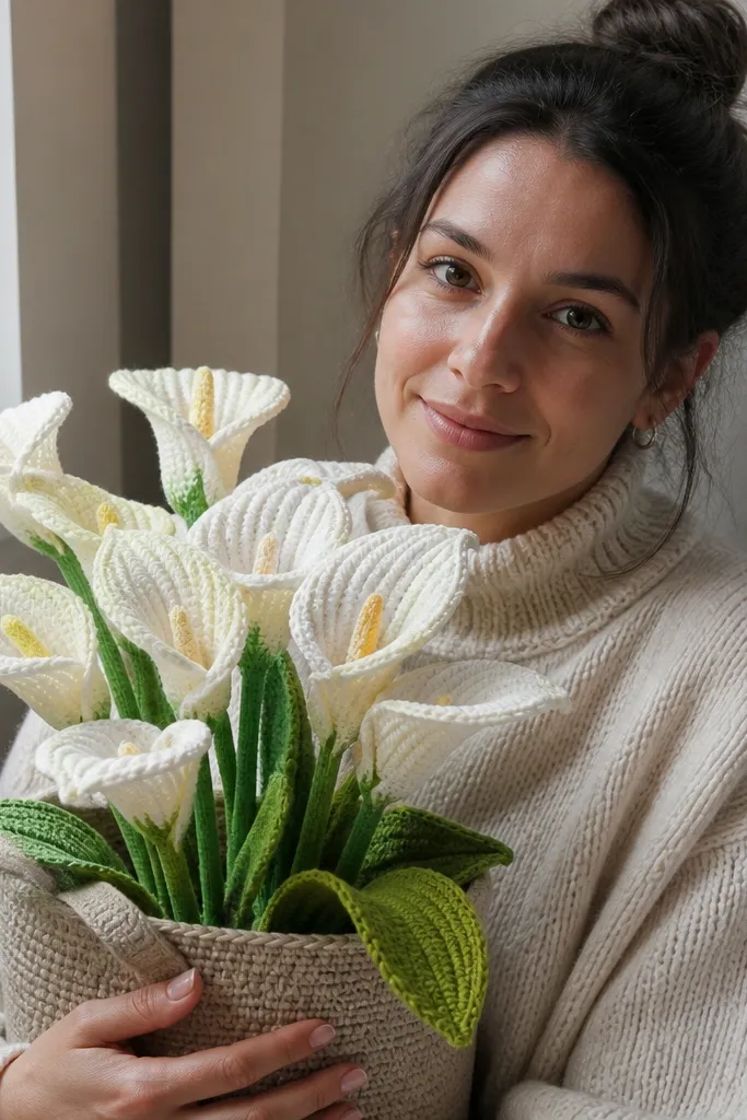 White crocheted calla lily bouquet with curved stems