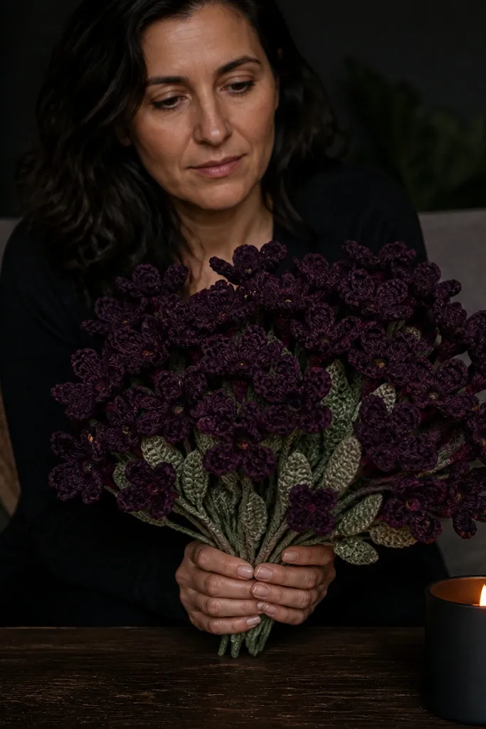 Blackberry purple crocheted blossoms with sage green leaf sprigs