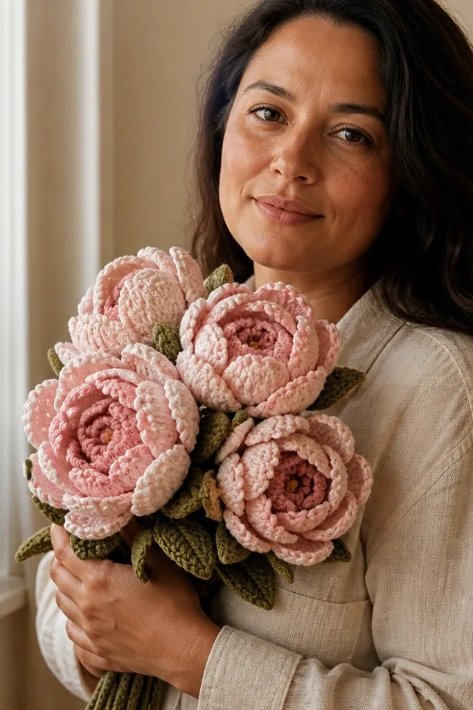 Blush pink peony crocheted bouquet with layered center