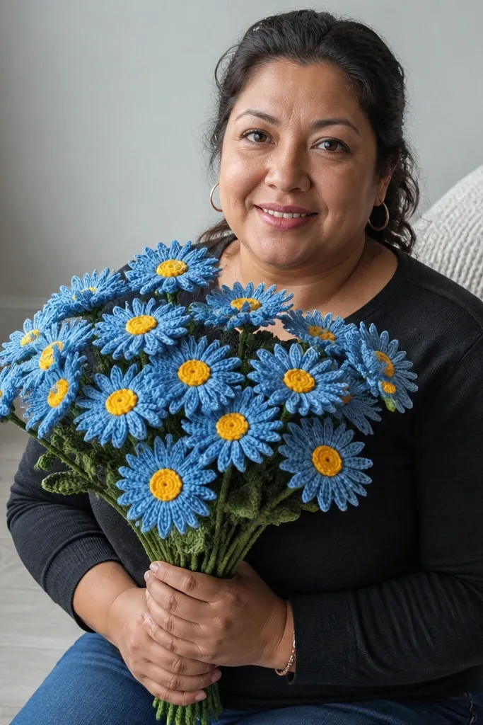 Cornflower blue crocheted daisies with bright yellow centers
