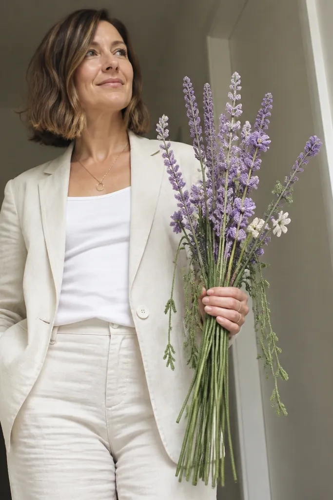 Lavender crocheted flowers on long curved stems like a wand bouquet