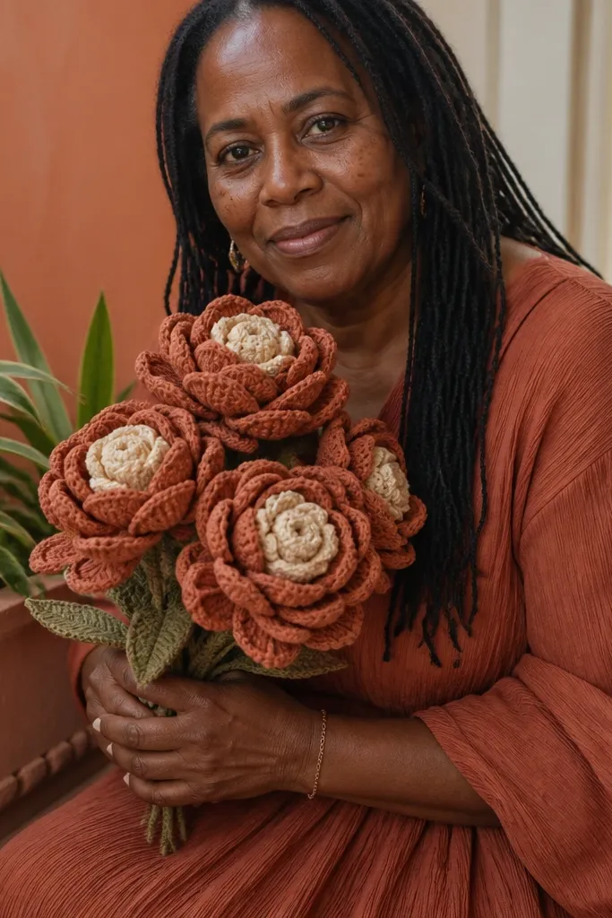 Terracotta and cream crocheted peony-like blossoms bouquet