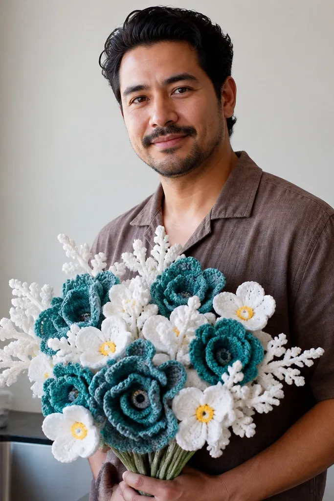 Teal and white crocheted ocean-themed flowers bouquet