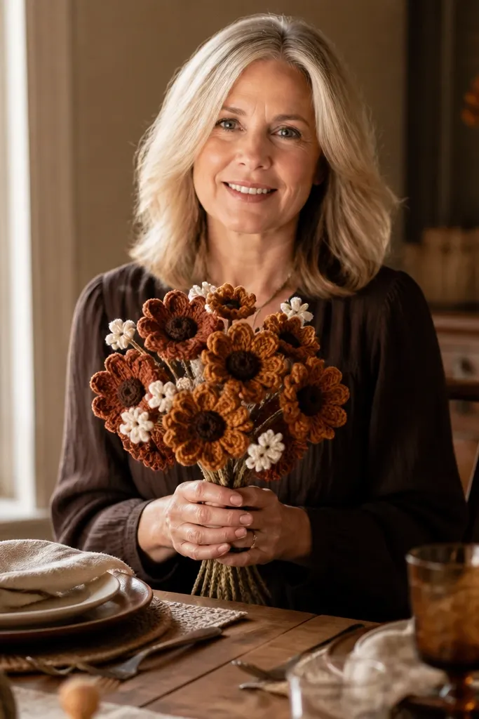 Warm brown and spice toned crocheted spice-blossom bouquet